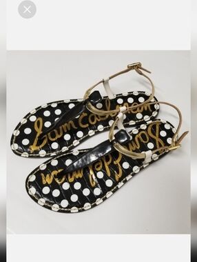 Sam Edelman Black & Gold GIGI Polka Dot T-strap Sandals 6.5